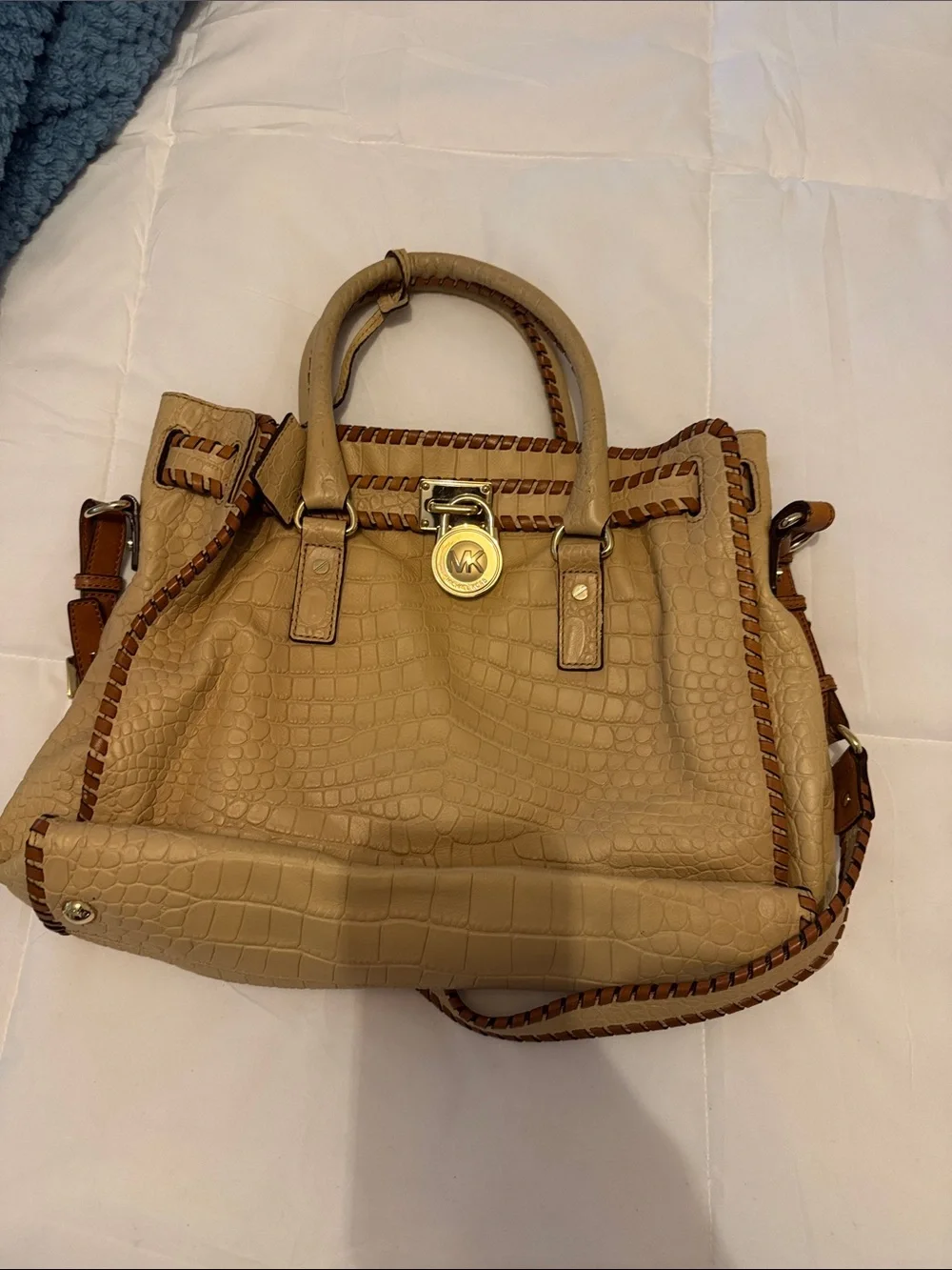 Michael Kors Tan Croc-Embossed Satchel with Woven Trim